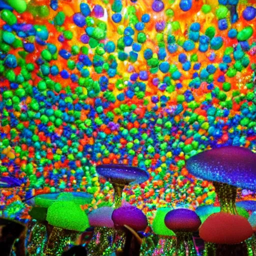 Image similar to jello Mushrooms covering the inside of prismatic jungle, fairy dust in the air