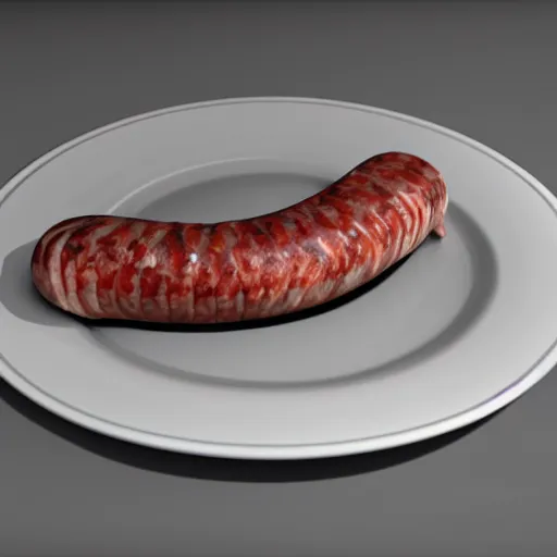 Prompt: cursed realistic 3 d unreal engine render of a half fish half sausage alone on a plate, fish fins on a sausage