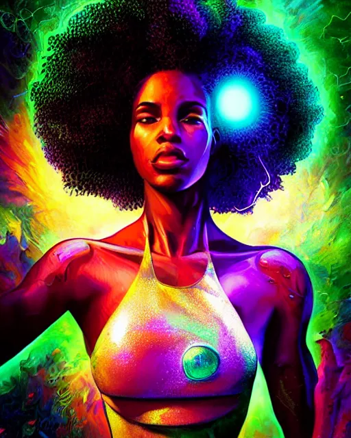 Image similar to a powerful energy psychedelic matrix afro american woman, by alexander fedosav, hyper detailed digital matte painting, concept art, hyperrealism, 1 6 k resolution, cinema 4 d, 8 k resolution, trending on artstation, behance hd, a masterpiece, by stephan martiniere, particles, cel - shaded, power bright neon energy, by david a. hardy