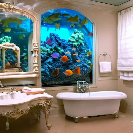 Prompt: aquarium in bathroom mansion Victorian decor