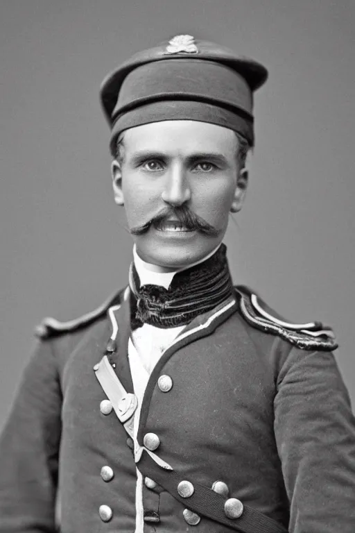 Image similar to official Portrait of a jolly victorian army officer, male, cheerful, happy, detailed face, 19th century, highly detailed, cinematic lighting, photograph, black and white