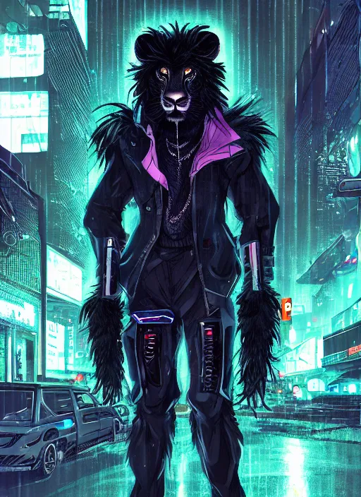 Image similar to character portrait of a male anthro black lion fursona with a cute beautiful attractive detailed furry face wearing stylish cyberpunk clothes in a cyberpunk city at night while it rains. hidari, color page, tankoban, 4K, tone mapping, Akihiko Yoshida.