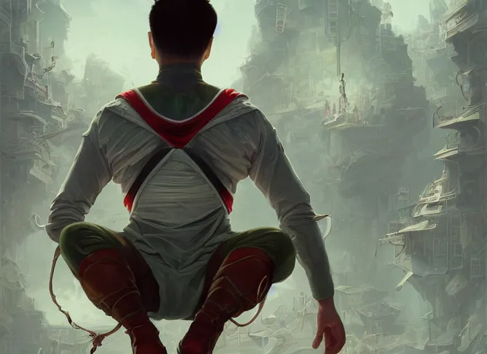 Image similar to an insanely detailed painting of an asian man wearing a homemade superhero costume, sitting at a desk, staring seriously at the computer and typing, in the style of peter mohrbacher, james jean, artgerm, dramatic lighting and composition, surreal background, octane render, pixar, trending on artstation, concept art, comic book, view from behind, 8 k