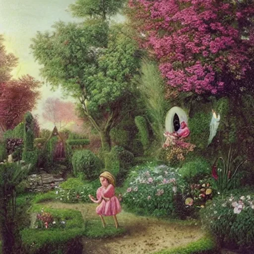 Image similar to a whimsical garden scene. In the computer art, a young girl can be seen playing among the flowers and trees, while a fairy watches over her. winter by Joachim Brohm random