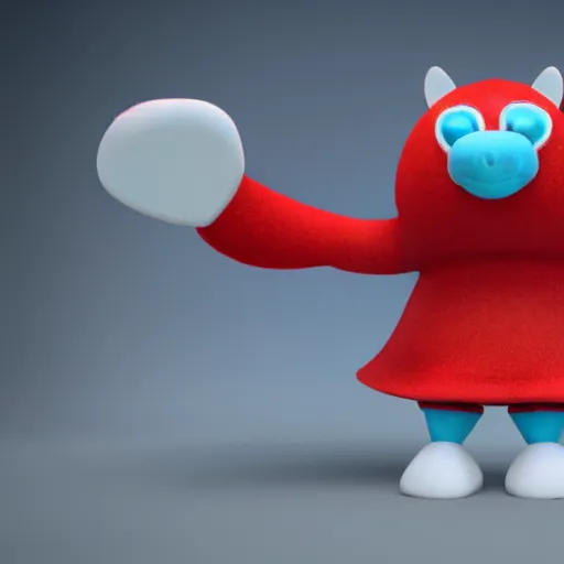 Prompt: a cute cyan crystal character design wearing a red cloth strip on top, 4K HD, 3D render