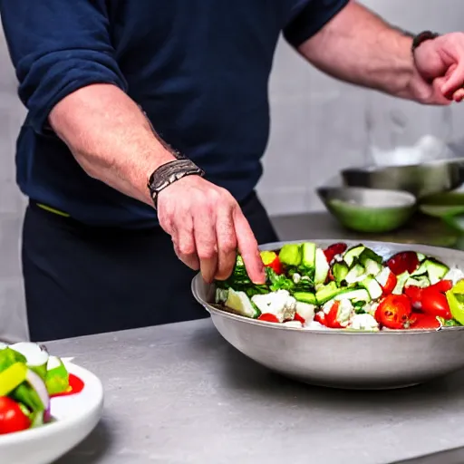 Prompt: Cook Chief Kevin O'Leary cooking a greek salad, in Shark Tank (2016), 50mm photography