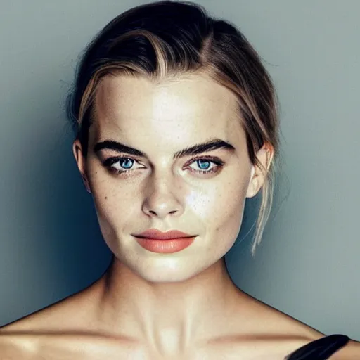 Image similar to a woman who is a genetic combination of margot robbie and emma watson face and upper - body focus