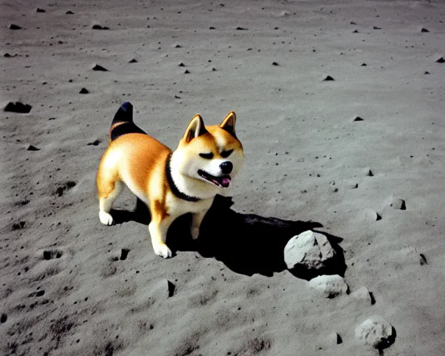 Image similar to hyper realistic shiba on the moon, first shiba on the moon, 9 0's photograph