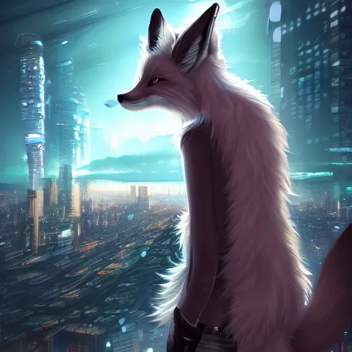 Prompt: an anthropomorphic fox with a fluffy tail staring over a futuristic city from the top of a roof, highly detailed, trending on furaffinity, cyberpunk, backlighting, cartoon