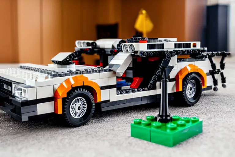 Image similar to lego 2 0 2 2 delorean time machine being dragged by a tow truck