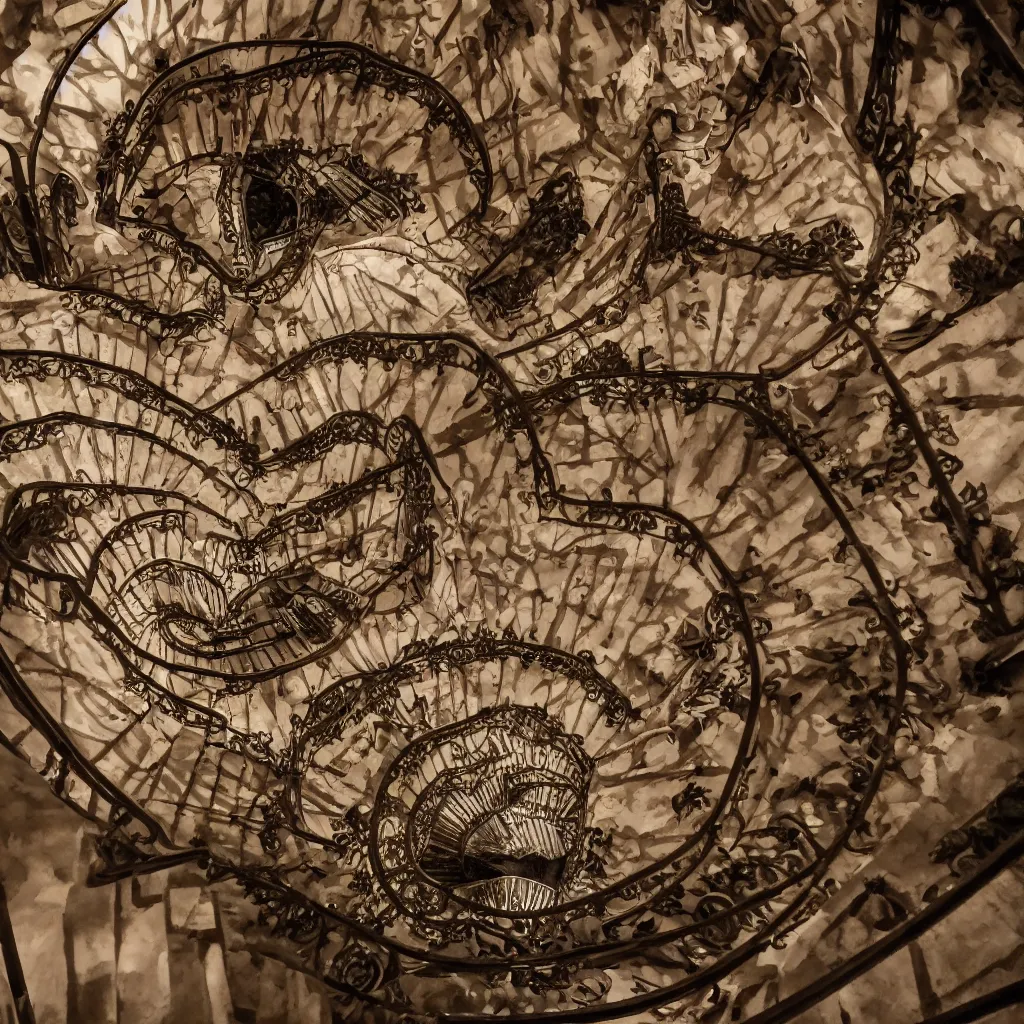 Image similar to movie still, grand spiral staircase going down deep in a dark hole, baroque, by gaudi, dramatic volumetric cinematic light, chiaroscuro, leica, high quality, high detailed, detailed patterns pop art