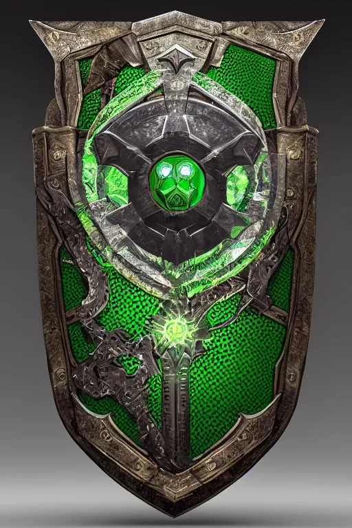 Image similar to green medieval shield, powerful fantasy epic legends, game icon stylized, digital illustration radiating, a glowing aura, global illumination, ray tracing, 8 k high definition, intricate details, octane render, unreal engine, trending on arstation