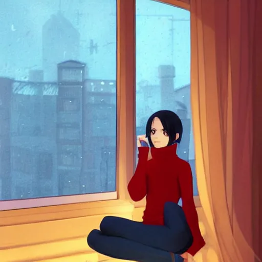 Image similar to a beautiful girl with dark hair, wearing a red turtleneck sweater, sitting in an apartment alone, looking out window at the city, night time, intricate, highly detailed, artstation, official media, anime key visual, mood lighting, sharp focus, art by Makoto Shinkai, Ilya Kuvshinov, Lois Van Baarle, and Rossdraws