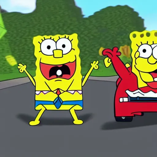 Image similar to spongebob and patrick driving a car on a road