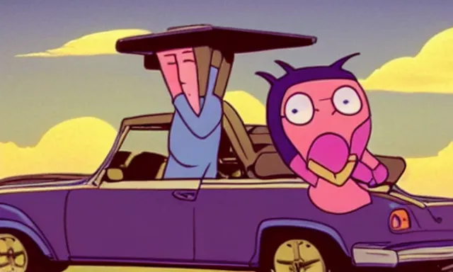 Prompt: thanos and louise belcher in real life driving a convertible off a cliff, grainy 1 9 9 1 vhs tape, dramatic movie scene, extremely realistic