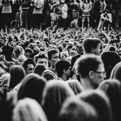 Image similar to kodak portra 4 0 0 photograph of a skinny blonde guy standing in crowd of black and white people, back view, flower crown, moody lighting, telephoto, 9 0 s vibe, blurry background, vaporwave colors, faded!,