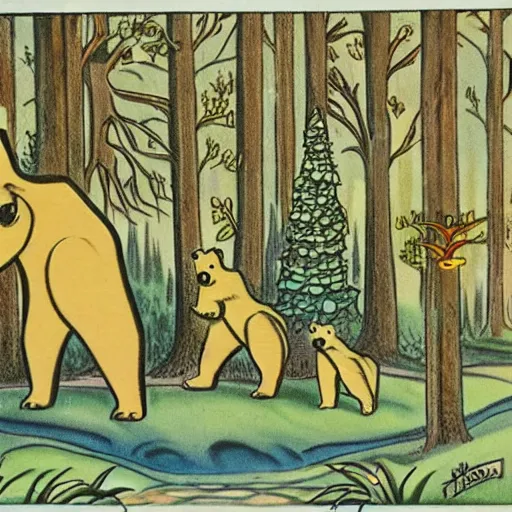 Image similar to magical forest, bear, trees, honey, 1 9 4 0 s cartoon, merry melodies, sharp focus