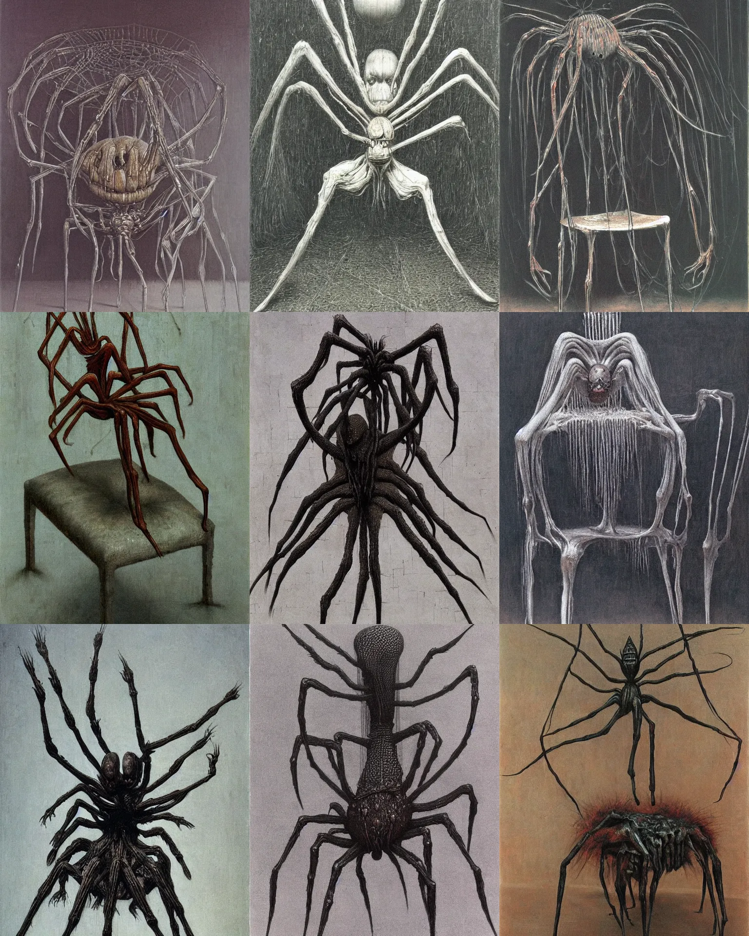 Prompt: giant spider on chair, giger beksinski francis bacon