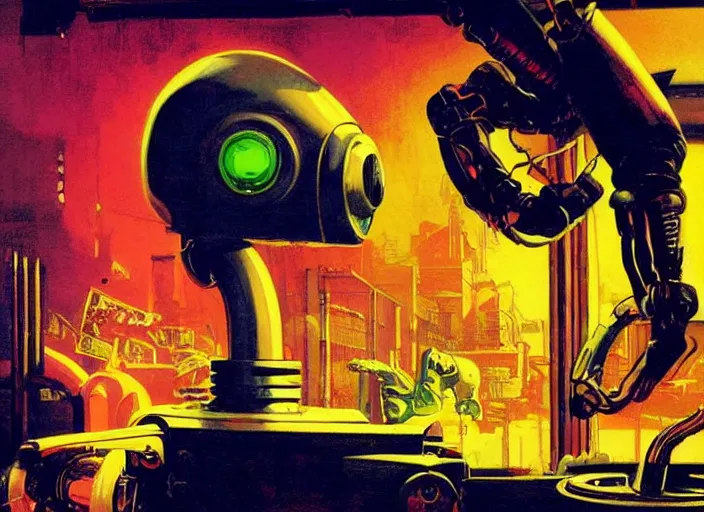 Prompt: ultra wide vintage 5 0 s robot with a claw - arm, bright coloured lights, fluid, smooth, organic, crazy, high contrast, sharpness, dramatic, by greg rutkowski and siudmak and richard corben and moebius