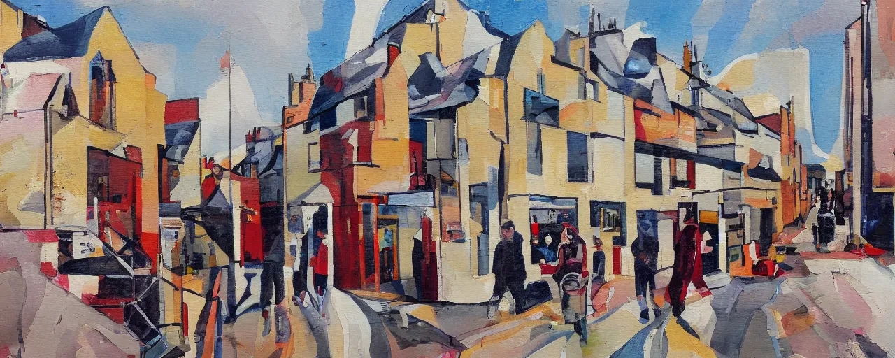 Prompt: a painting of street life in kirkwall orkney, Futurism, speed, technology, industrial, Abstract, Vorticism