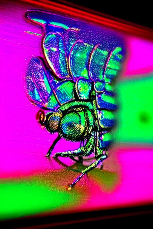 Image similar to high quality macro photo holographic graffiti fly! jeweled gorgeous! highly detailed digital art david ligare elson peter cinematic pink neon lighting high quality low angle hd 8k sharp shallow depth of field