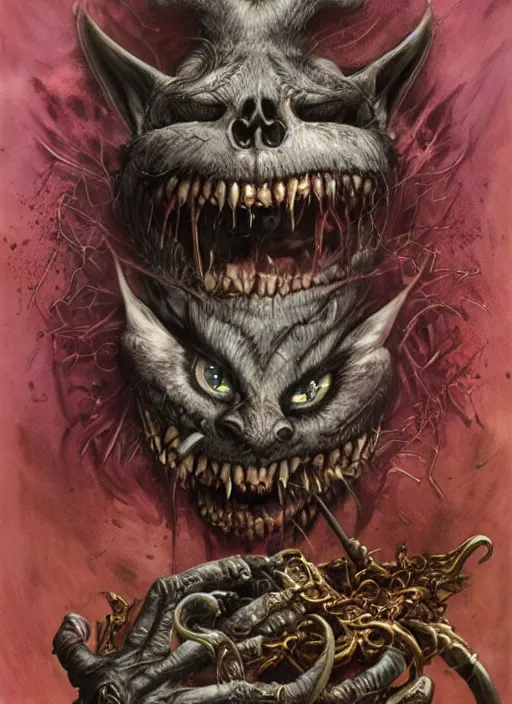 Image similar to Crazy Cheshire Cat,Death Tarot card,highly detailed,half skull face,cinematic,8k,by Stanley Artgermm,Beksinski,Tom Bagshaw,Greg Rutkowski,Carne Griffiths, Ayami Kojima, Giger,trending on DeviantArt,hyper detailed,horror, full of colour