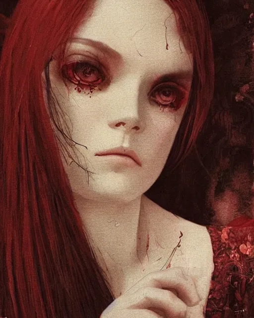 Image similar to a beautiful but sinister and creepy woman in layers of fear, with haunted eyes, violence in her eyes, 1 9 7 0 s, seventies, delicate embellishments, a little blood, crimson, painterly, offset printing technique, by alexandre cabanel
