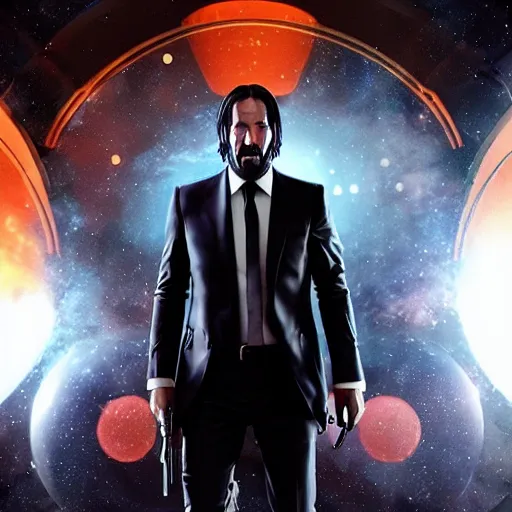 Image similar to john wick in space with astronauts, instagram photo, instagram selfie, full hd, 8 k, unreal engine, octane render, hyper detailed, hyper realistic, photorealistic, vfx, houdini, full body