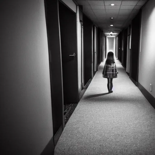 Image similar to twin girls, 8 year old standing at the end of a corridor, liminal space, eerie