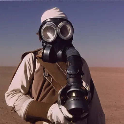 Image similar to an 1 8 0 0's admiral wearing a gasmask, in the desert, film still, arriflex 3 5