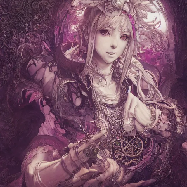 Image similar to the portrait of chaotic good female druid alchemist as absurdly beautiful, gorgeous, elegant, young anime girl, an ultrafine hyperdetailed illustration by kim jung gi, irakli nadar, intricate linework, sharp focus, bright colors, octopath traveler, final fantasy, unreal engine 5 highly rendered, global illumination, radiant light, detailed and intricate environment