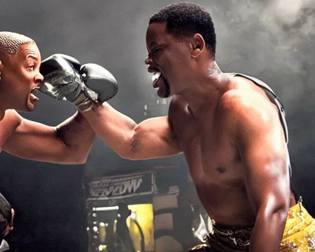 Prompt: will smith fighting with chris rock at toxic waste lake deathbattle 4k