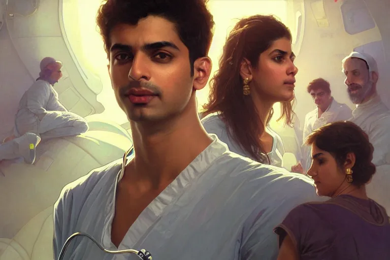 Image similar to Pensive good looking pale young Indian doctors wearing jeans in a space station above Earth, portrait, elegant, intricate, digital painting, artstation, concept art, smooth, sharp focus, illustration, art by artgerm and greg rutkowski and alphonse mucha