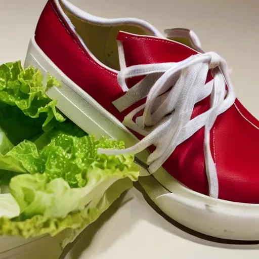 Prompt: photo of burger king branded shoes that have lettuce inside