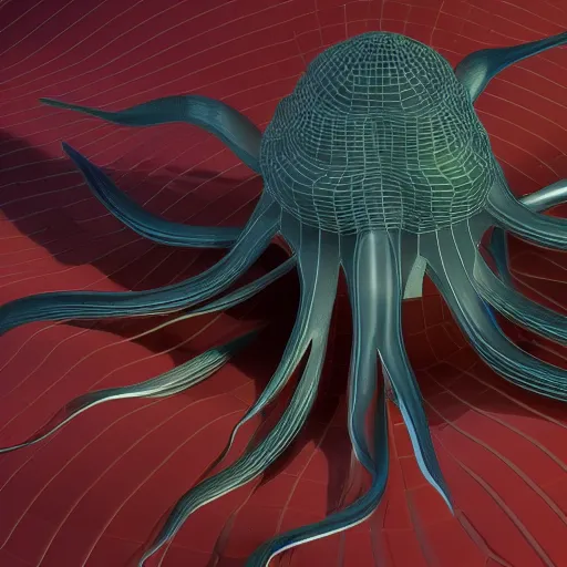 Image similar to complex floating abstract 3 d object in frontal view, ultra rendered extreme realism and detail, 8 k, highly detailed, realistic, pbr, oktane render, biomorphic, symmetrical, looks like a futuristic octopus,