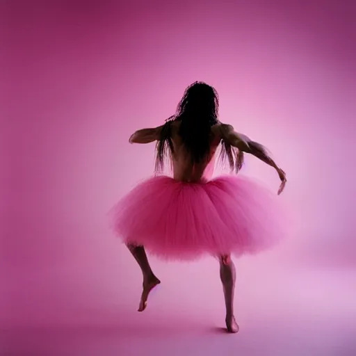 Image similar to nick cave in a pink tutu, dramatic angle, studio photography
