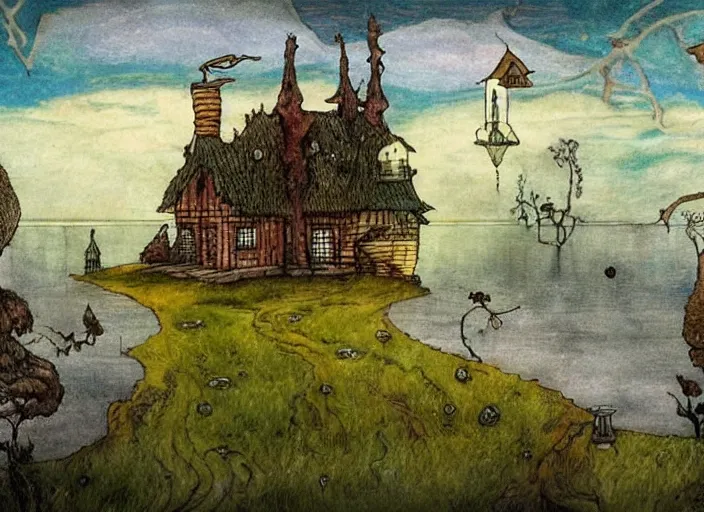 Prompt: a fantasy landscape with houses around a big lake, lowbrow in the style of alexander jansson and john bauer,