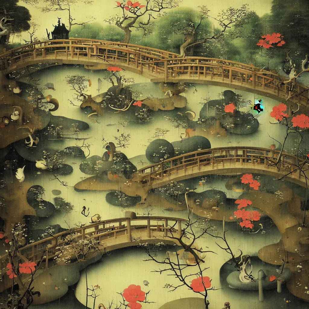 Prompt: Japanese Garden with bridge by Hieronymus Bosch and James Jean, Ross Tran, surreal oil painting, highly detailed, dream like, masterpiece