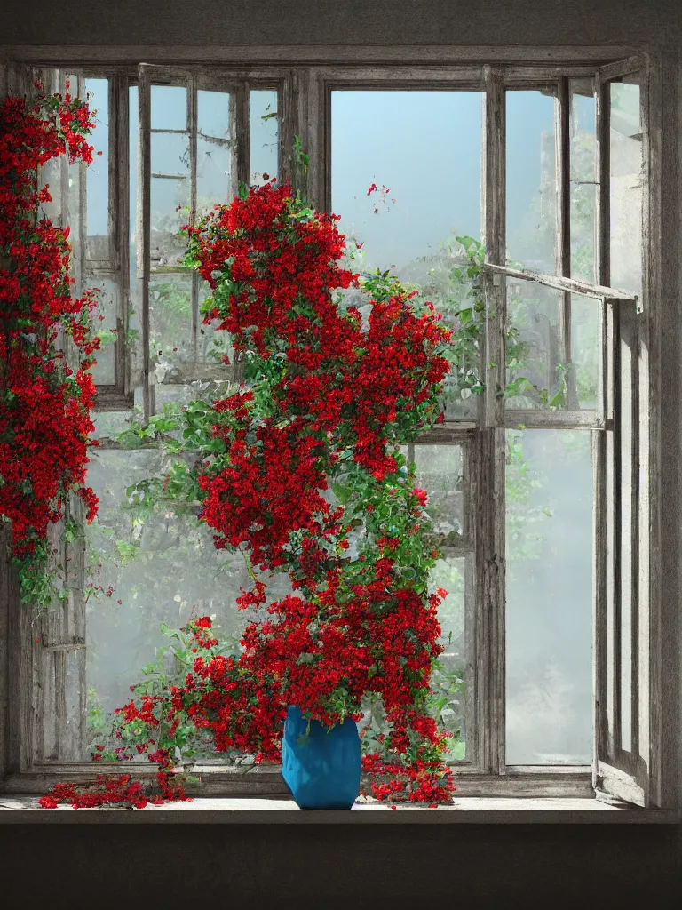 Image similar to a single old house window with a vase of red flowers with view to a sunrise, blue wall, a wooden chair near the window, concept art, octane render, unreal engine 5, trending on deviantart, highly detailed, high quality, hd, digital painting, masterpiece, geometric, symmetrical, low contrast, beautiful, high coherence, natural lighting, intense lighting