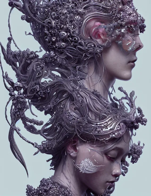 Image similar to symmetrical, centered, zbrush sculpt of goddess close-up portrait wigh crown made of skulls. phoenix betta fish, phoenix, bioluminiscent creature, super intricate ornaments artwork by Tooth Wu and wlop and alena aenami and greg rutkowski