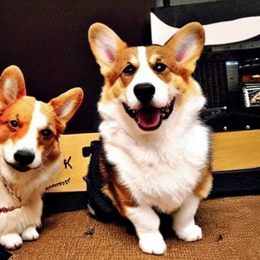 Image similar to corgi on concert of Russian rock group with tons of beer