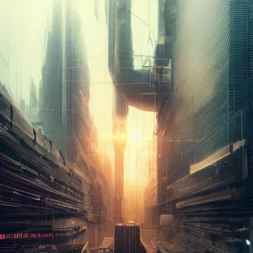 Image similar to a giant terrifying cyber data destroying a dystopian city, cyberpunk, sharp focus, dynamic lights, still, photograph, hyper realistic, masterpiece, octane render, rendered, 3 d, cinematic, cinematic lighting, dramatic lighting, highly detailed, intricate details, texture, cinematic composition, by donglu yu and kevin jick and eddie del rio