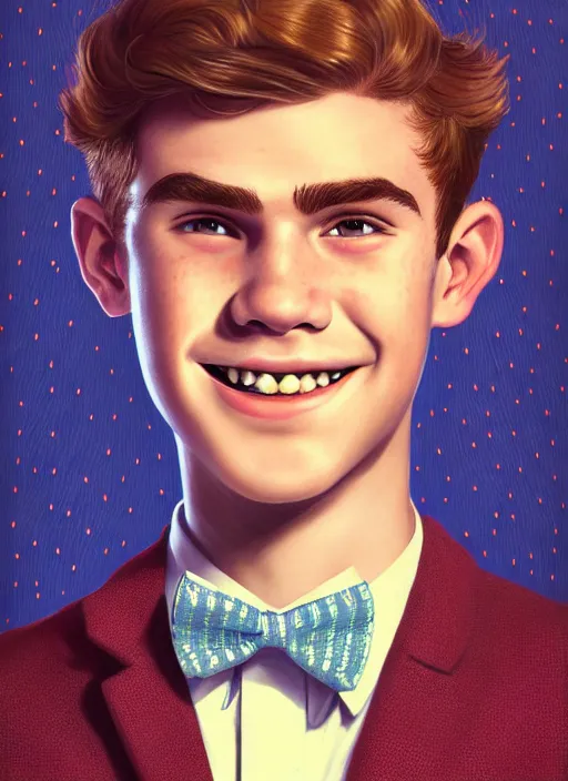 Prompt: portrait of teenage archie andrews, freckles, curly middle part haircut, curly hair, middle part hairstyle, smiling kindly, wearing a bowtie, intricate, elegant, glowing lights, highly detailed, digital painting, artstation, concept art, smooth, sharp focus, illustration, art by wlop, mars ravelo and greg rutkowski