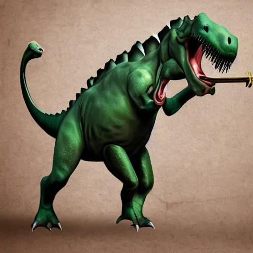 Image similar to a dinosaur with trombones for arms and horns