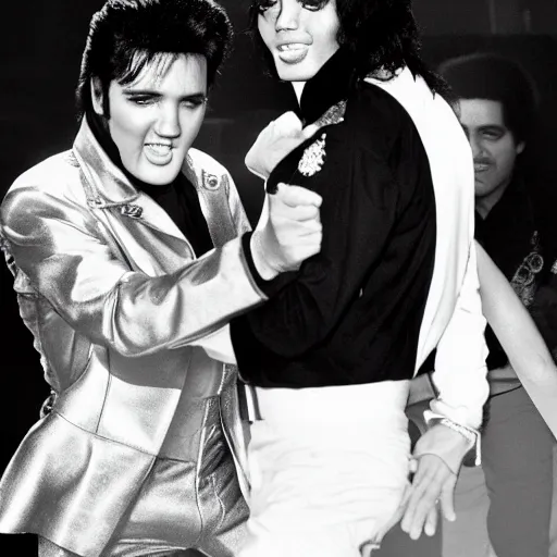 Image similar to elvis presley and michael jackson dancing, award winning photography, high detail, 4 k