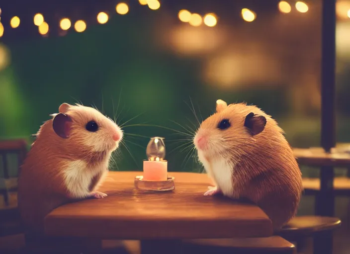 Image similar to photo of a hamsters on a date, kissing, at night, romantic, faded colors, candlelit restaurant table, cinematic color grading, various poses, soft light, well framed, sharp focus, 8 k