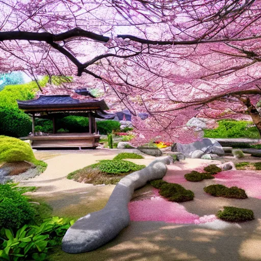 Image similar to peaceful, zen garden, cherry blossoms, studio ghibli