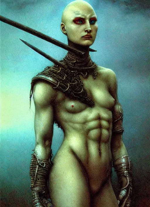 Image similar to bald barbarian teen girl by Beksinski and Luis Royo