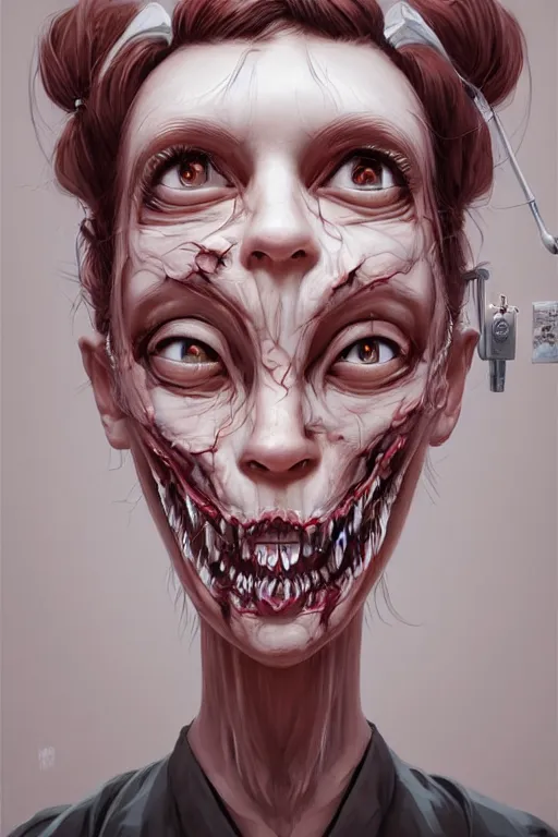 Image similar to cartoon portrait of a creepy horror nurse girl . intricate abstract. intricate artwork. nightmare fuel. terrifying. by Tooth Wu, wlop, dan mumford , trending on artstation, greg rutkowski very coherent symmetrical artwork. cinematic, hyper realism, high detail, octane render, 8k