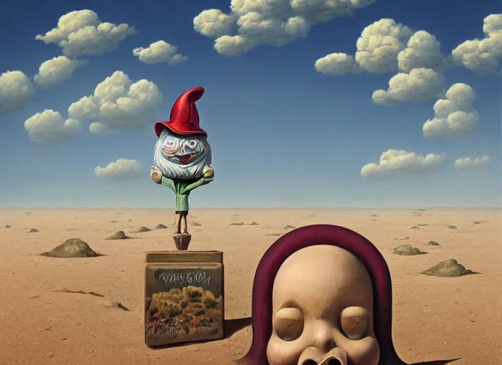 Image similar to a forgotten garden gnome in a vast barren desert, hopeless wasteland background with a relentless raging sun overhead, an ultrafine detailed painting by mark ryden, trending on deviantart, pop surrealism, whimsical, lowbrow, perfect symmetrical face